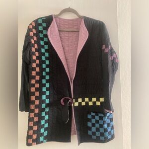 Vintage handmade Quilted jacket coat top cotton checkered 80’s reversible black